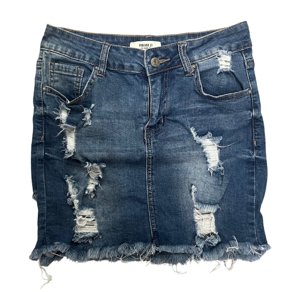 Forever 21 Women’s Distressed Denim Mini Skirt Size 27 Blue Raw Hem Ripped Y2K